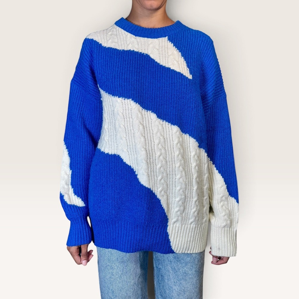 Aelfric Eden Men's Royal Blue Cream Sweater Medium Cable Knit Campus Casual